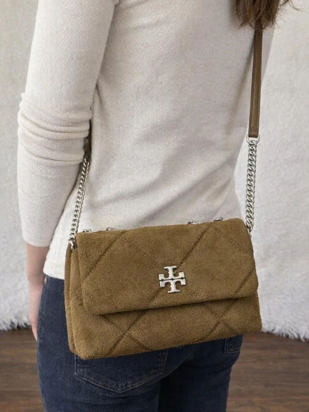 Tory Burch Kira Diamond Quilt Suede Shoulder Bag - Deep Olive